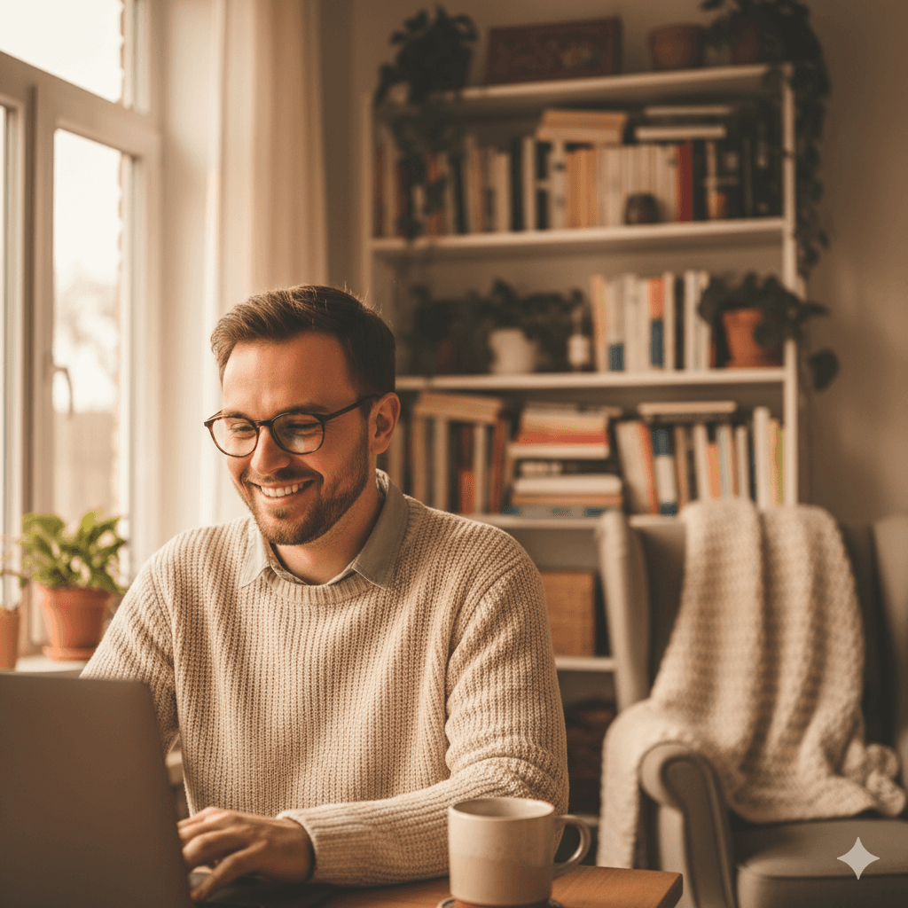 Person der smiler ved computeren mens de arbejder med webtilgængelighed